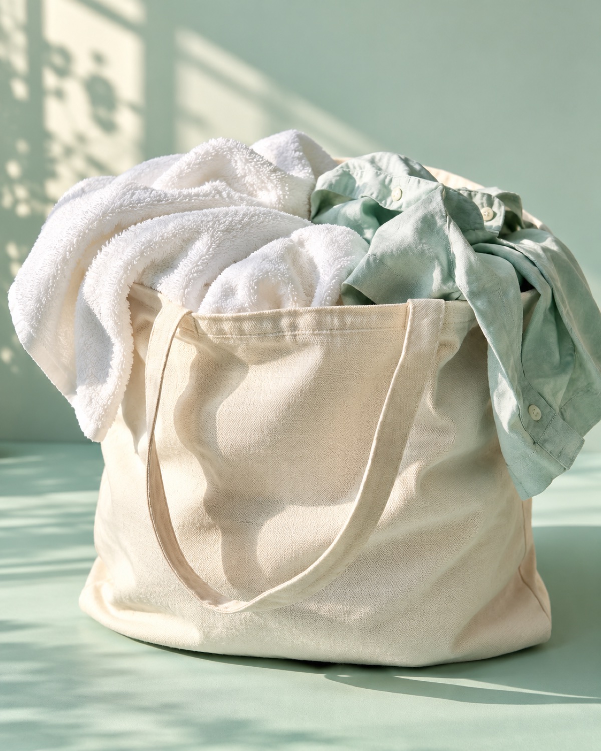 Illustrative still life of a cotton towel and shirt in a canvas laundry tote